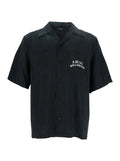 Black Shirt with Cuban Collar and Logo Lettering on Front in Modal Man Polyester Blouses