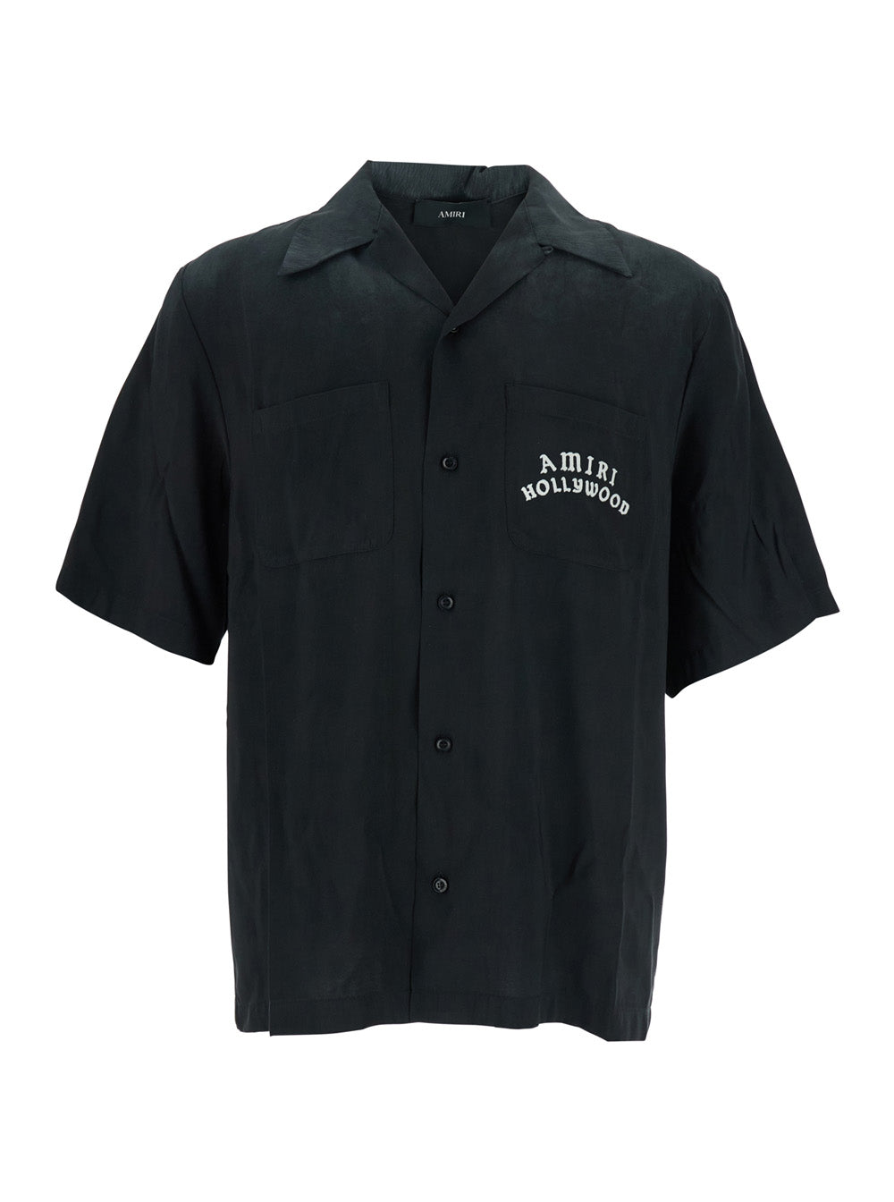 Black Shirt with Cuban Collar and Logo Lettering on Front in Modal Man Polyester Blouses