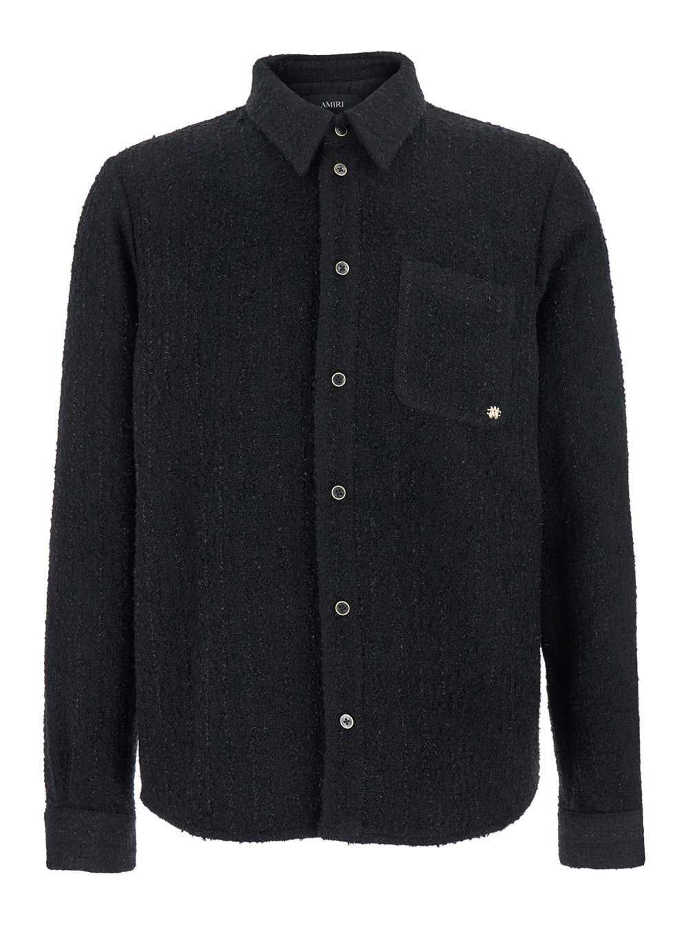 Black Shirt with Classic Collar and Logo Plaque on the Front in Fabric Man Blouses