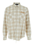 Beige Shirt with Check Pattern and Lettering Logo on Front Backin Flannel Man Cotton Blouses