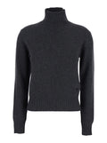 Grey Turtleneck Sweater with Ribbed Trims in Cashmere Woman Jersey