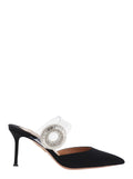 Black Slingback Mules with Crystal Embellishment and Transparent Strap in Suede Woman Calf Flat Shoes