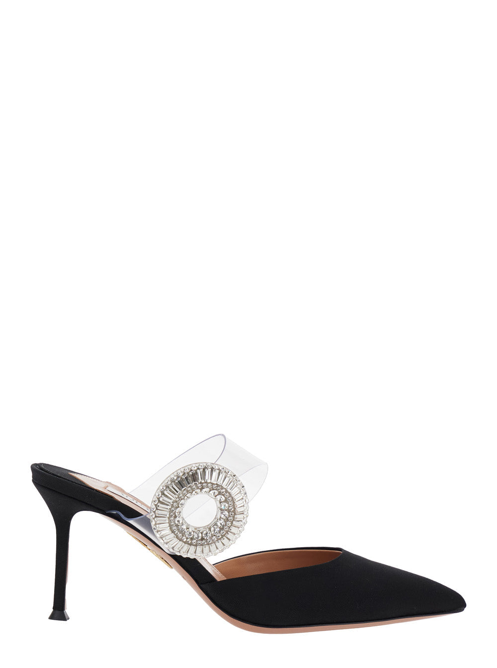 Black Slingback Mules with Crystal Embellishment and Transparent Strap in Suede Woman Calf Flat Shoes