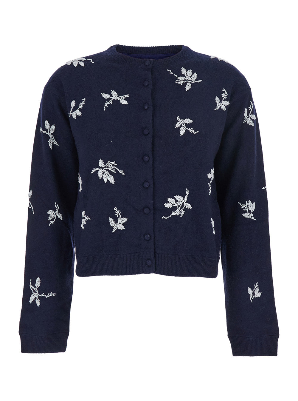 Blue Crew Neck Cardigan with Floral Embroidery in Cotton Blend Woman Blu Jersey