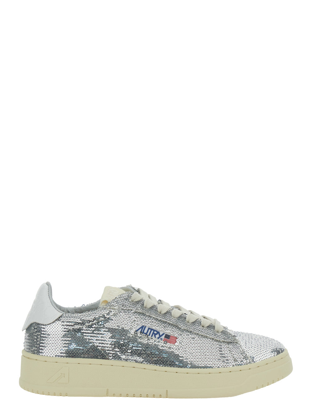 Medalist Silver-Colored Sneaker with Contrasting Heel and All-Over Bead Embellishment in Leather Blend Woman Metallic