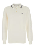White Long-Sleeve Polo Shirt with Striped Collar and Logo Lettering Embroidery on the Front in Wool Cotton Blend Man Tshirts