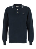 Blue Long-Sleeve Polo Shirt with Striped Collar and Logo Lettering Embroidery on the Front in Wool Cotton Blend Man Blu Tshirts