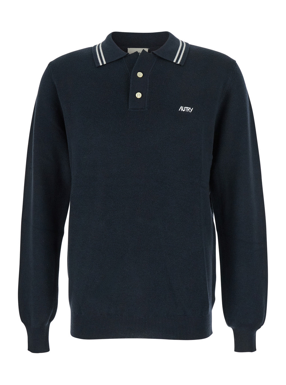 Blue Long-Sleeve Polo Shirt with Striped Collar and Logo Lettering Embroidery on the Front in Wool Cotton Blend Man Blu Tshirts