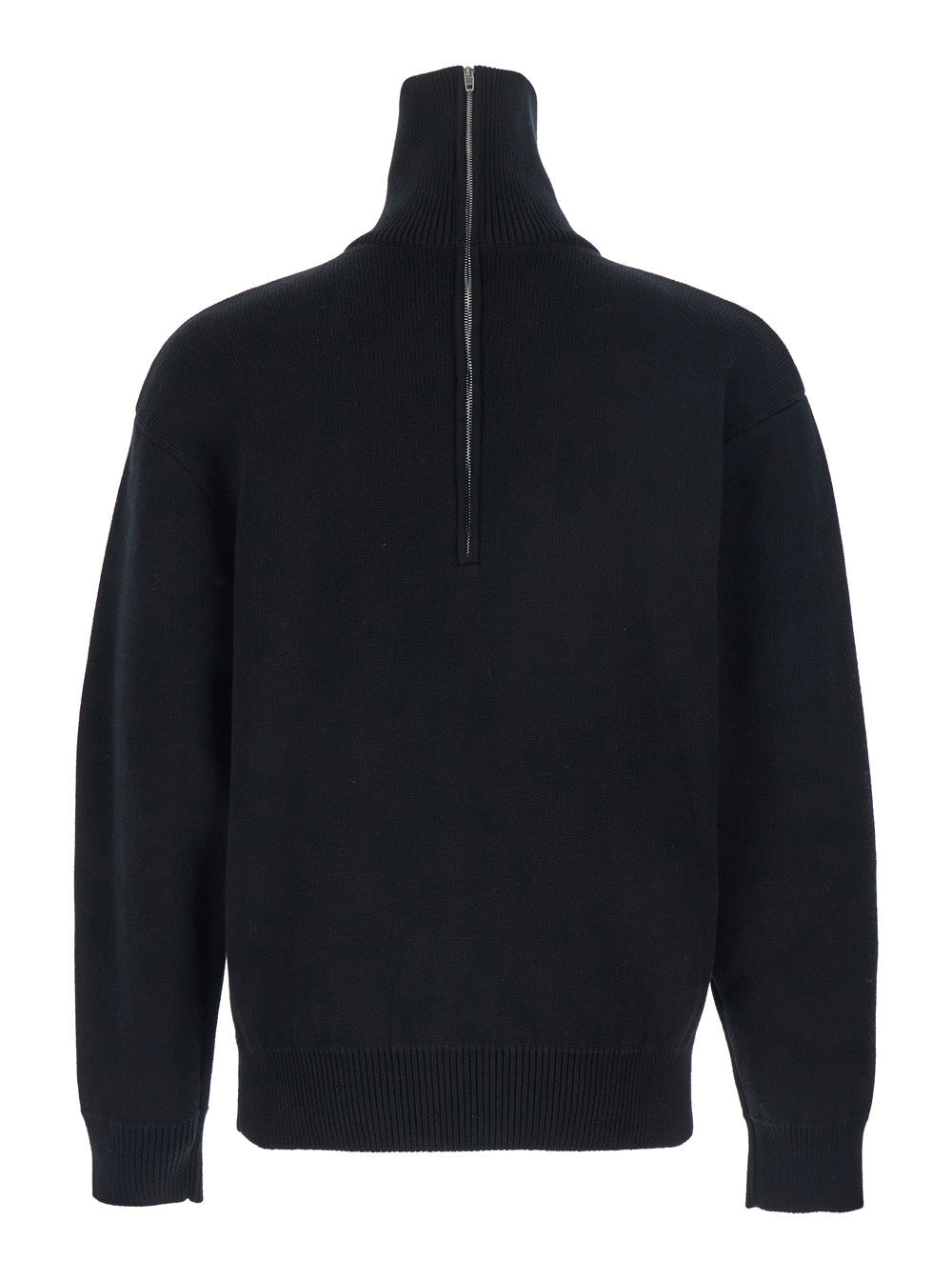 Black Turtleneck Sweater with Rear Half Zip Closure in Cotton Blend Stretch Woman Jersey