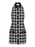 Black and White Halterneck Mini Dress with Houndstooth Motif in Tweed Satin Woman White/black
