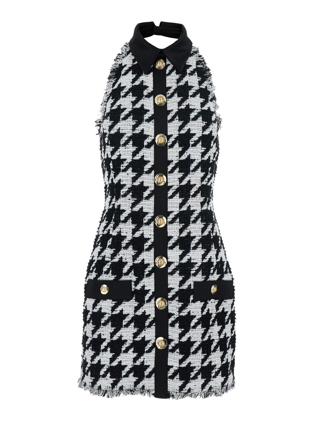 Black and White Halterneck Mini Dress with Houndstooth Motif in Tweed Satin Woman White/black