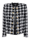 Spencer Black and White Jacket with All-Over Check Motif Fringed Hem in Cotton Blend Woman White/black Blazers