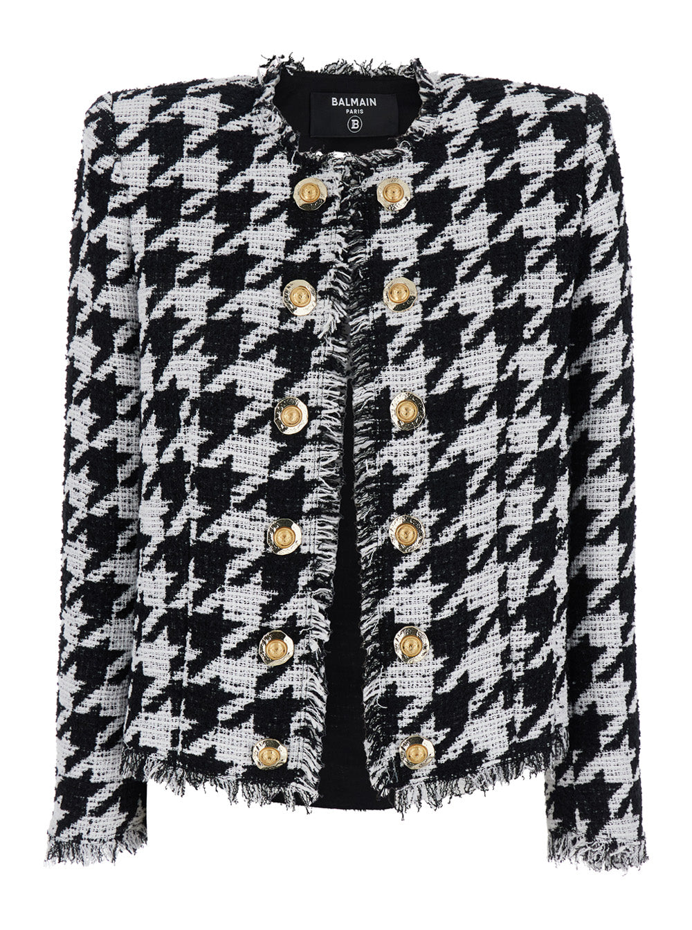 Spencer Black and White Jacket with All-Over Check Motif Fringed Hem in Cotton Blend Woman White/black Blazers