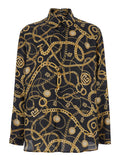 Black Shirt With Pointed Collar and Chain Print Logo in Silk Man Blouses