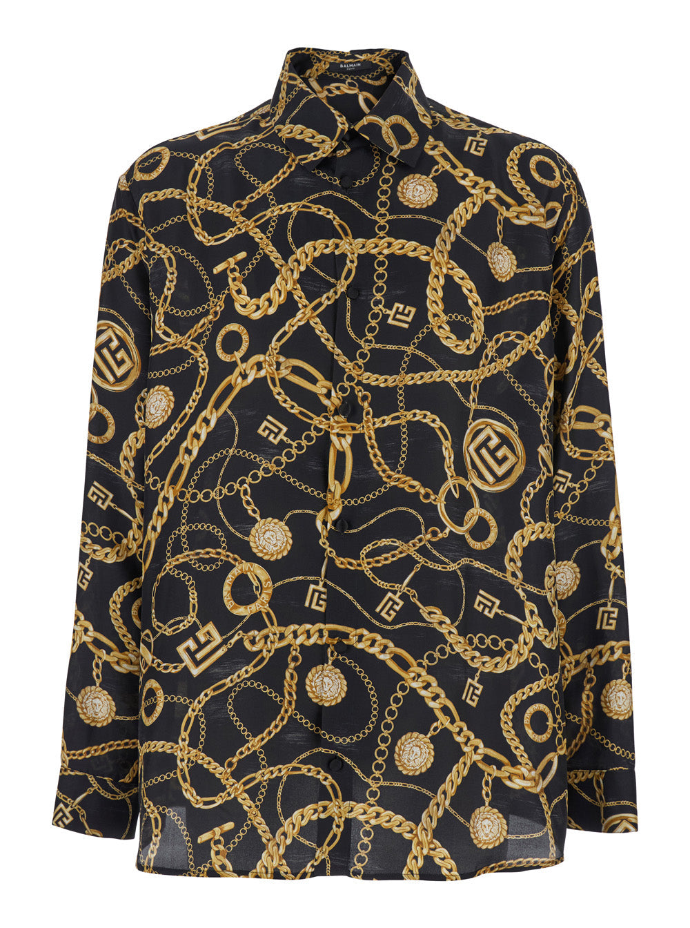 Black Shirt With Pointed Collar and Chain Print Logo in Silk Man Blouses
