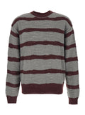 Grey Crew Neck Sweater with All-Over Striped Motif in Wool Blend Man Brown Nylon Acrylic Alpaca Jersey
