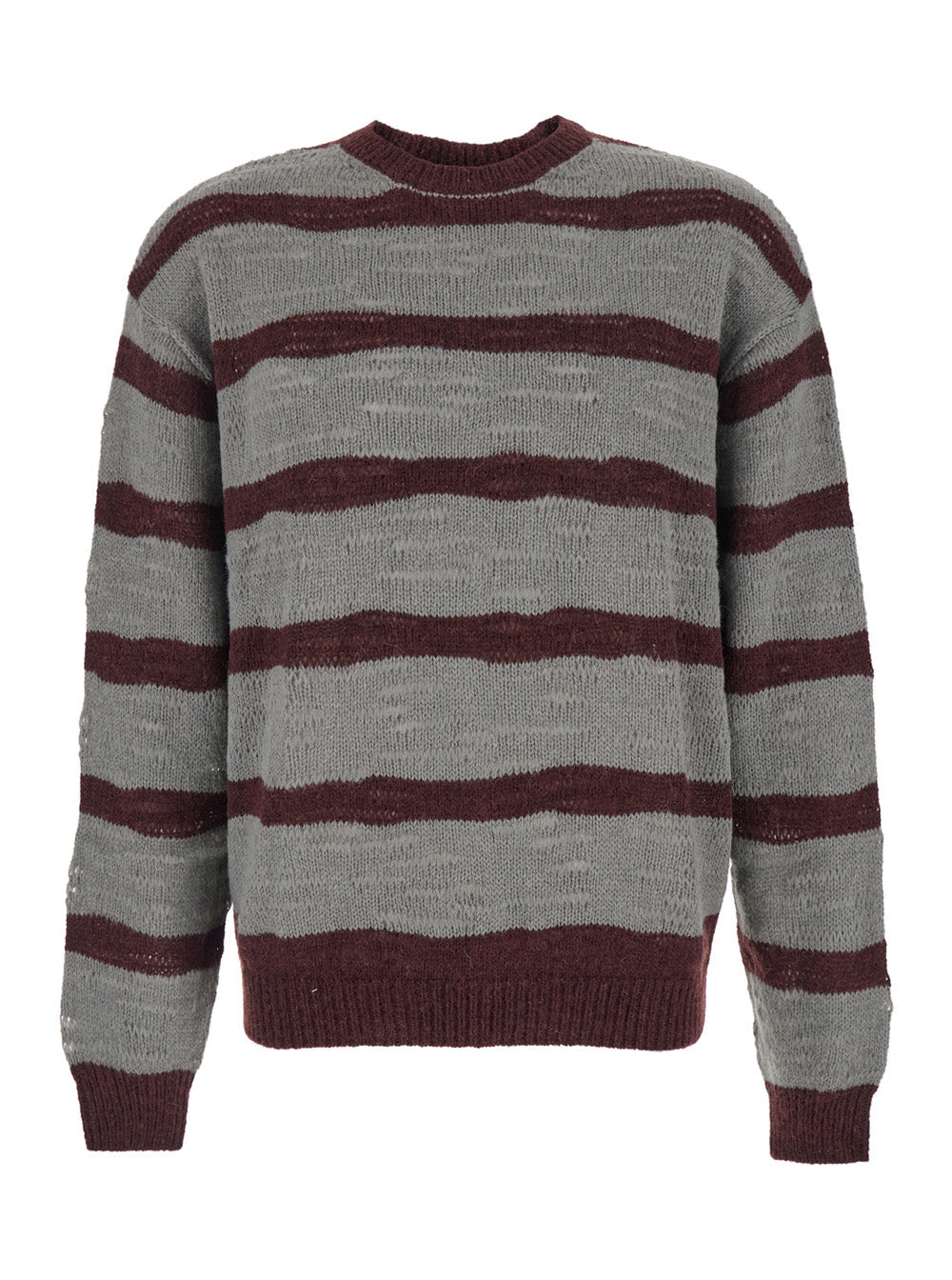 Grey Crew Neck Sweater with All-Over Striped Motif in Wool Blend Man Brown Nylon Acrylic Alpaca Jersey