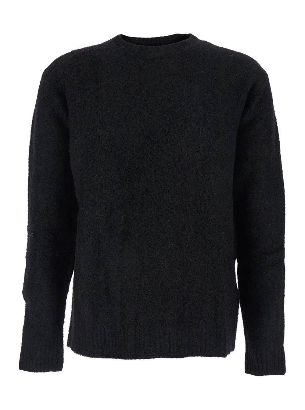 Black Crew Neck Sweater with Brushed Effect in Alpaca and Wool Blend Man Nylon Spandex Jersey