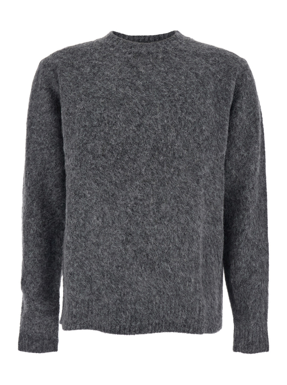 Grey Crewneck Sweater with Ribbed Trims in Wool Blend Man Alpaca Nylon Spandex Jersey
