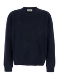 Blue Sweater with V Neck and Ribbed Trims in Wool Man Blu Jersey
