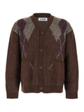 Brown Cardigan with V Neck and All-Over Argyle Motif in Wool Blend Man Mohair Nylon Jersey
