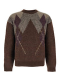 Brown Crewneck Sweater with All-Over Argyle Motif in Wool Blend Man Mohair Nylon Jersey