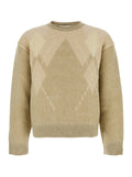Beige Crewneck Sweater with All-Over Argyle Motif in Wool Blend Man Mohair Nylon Jersey