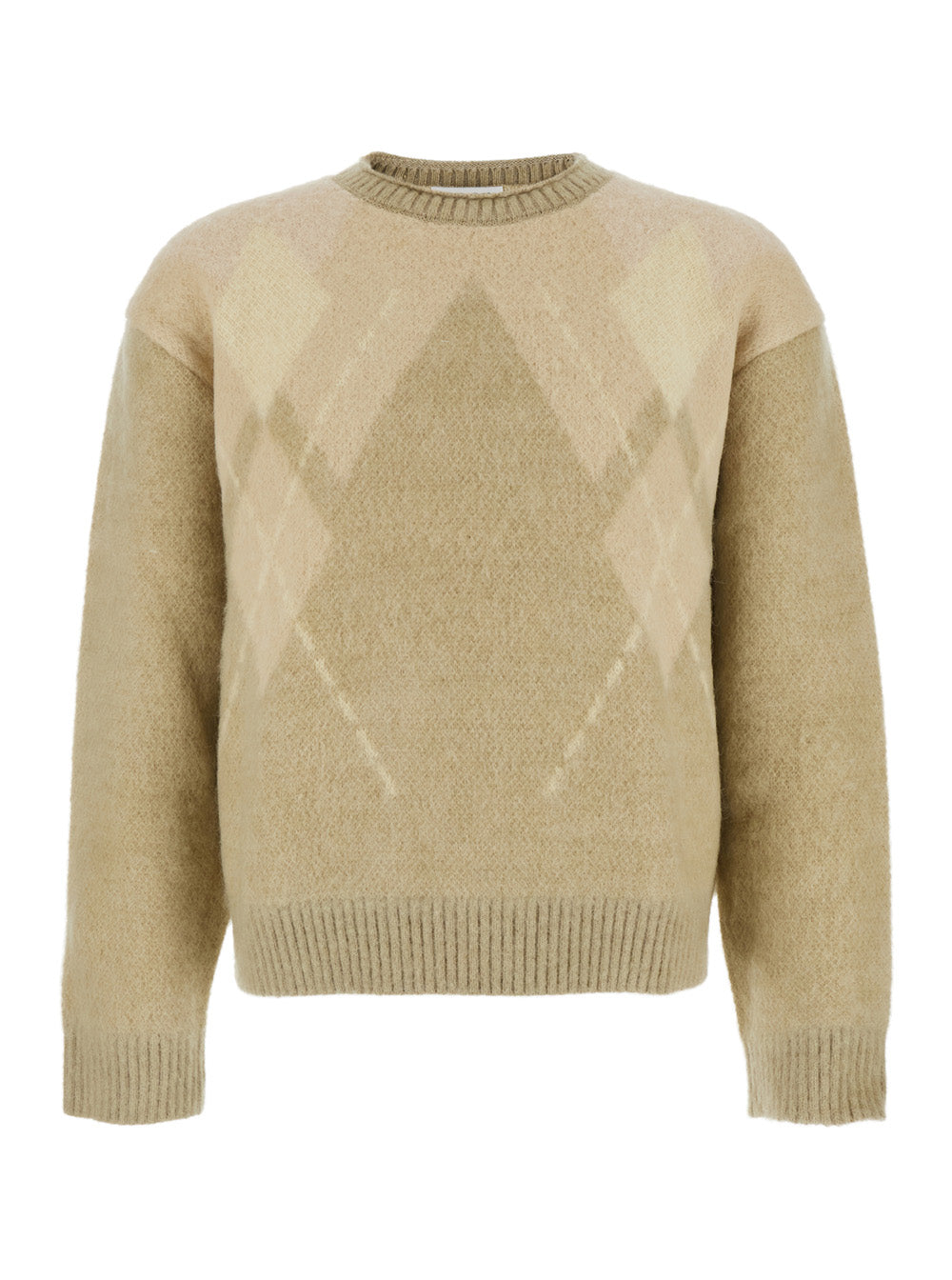 Beige Crewneck Sweater with All-Over Argyle Motif in Wool Blend Man Mohair Nylon Jersey