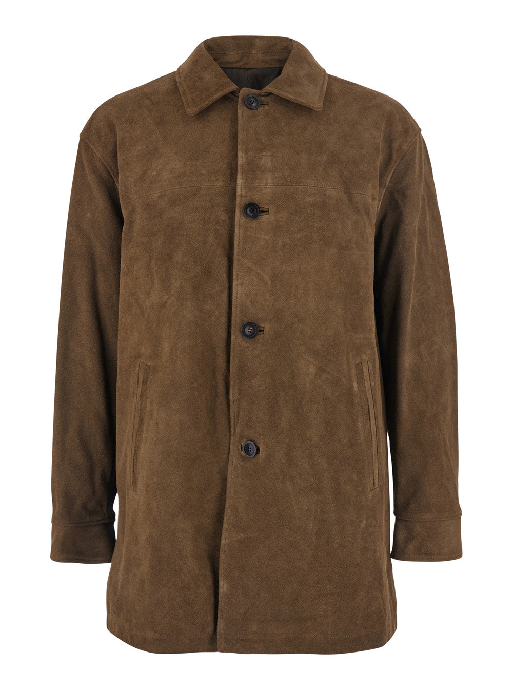 Brown Coat with Classic Collar in Suede Man Cow Outerwear