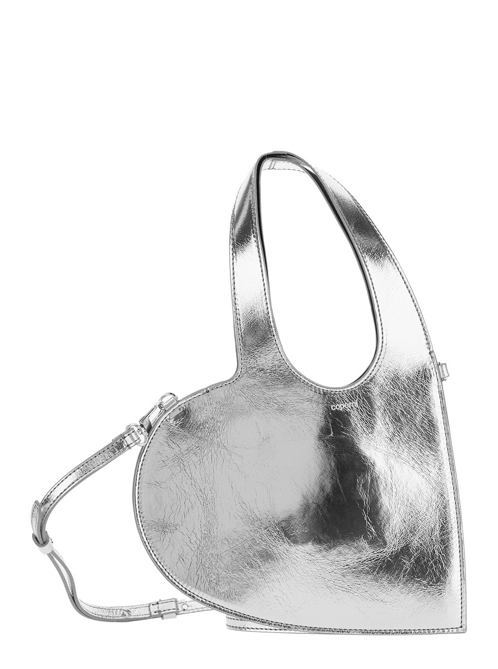 Heart Heart-Shaped Metallic Crossbody Bag With Logo Lettering On The Front And Cut-Out Handle In Leather Woman Cow