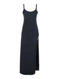 Black Long Dress with Thin Straps and Side Logo Plaque in Fabric Woman Cotton Polyester Elastane
