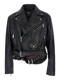 D2 x Magliano Black Biker Jacket with Wide Classic Lapels and Logoed Belt at the Waist in Leather Man Outerwear