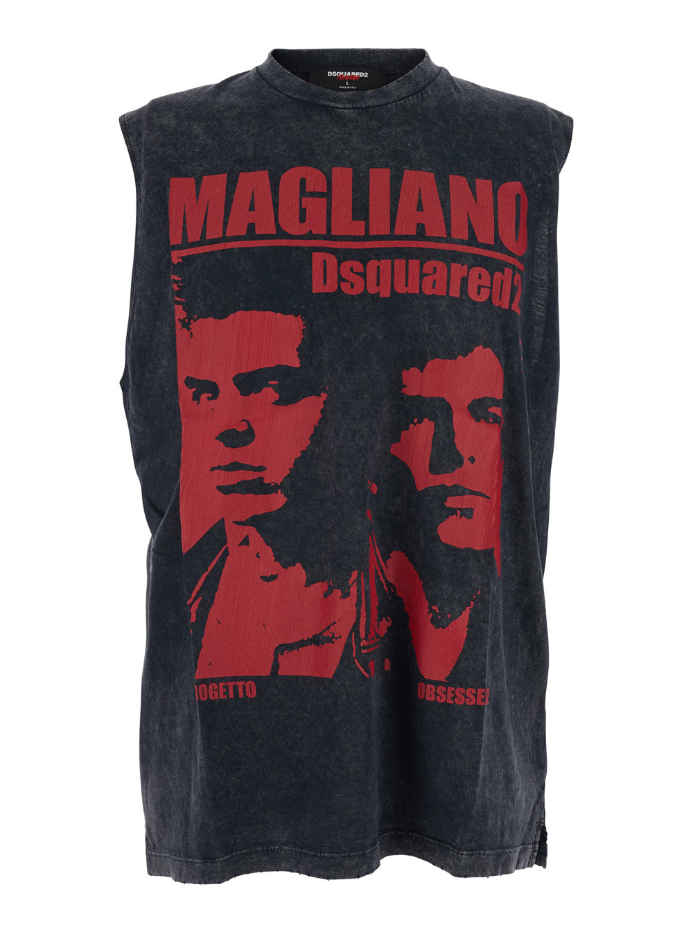 D2 x Magliano Black Crew Neck Top with Logo Lettering and Front Print in Cotton Man Tops