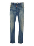 Blue Jeans with Logo Patch on the Rear and Distressed Effect in Denim Man Blu Cotton Polyester Elastane