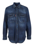 Blue Shirt with Pointed Collar and Elbow Patches in Denim Man Blu Cotton Elastane Blouses