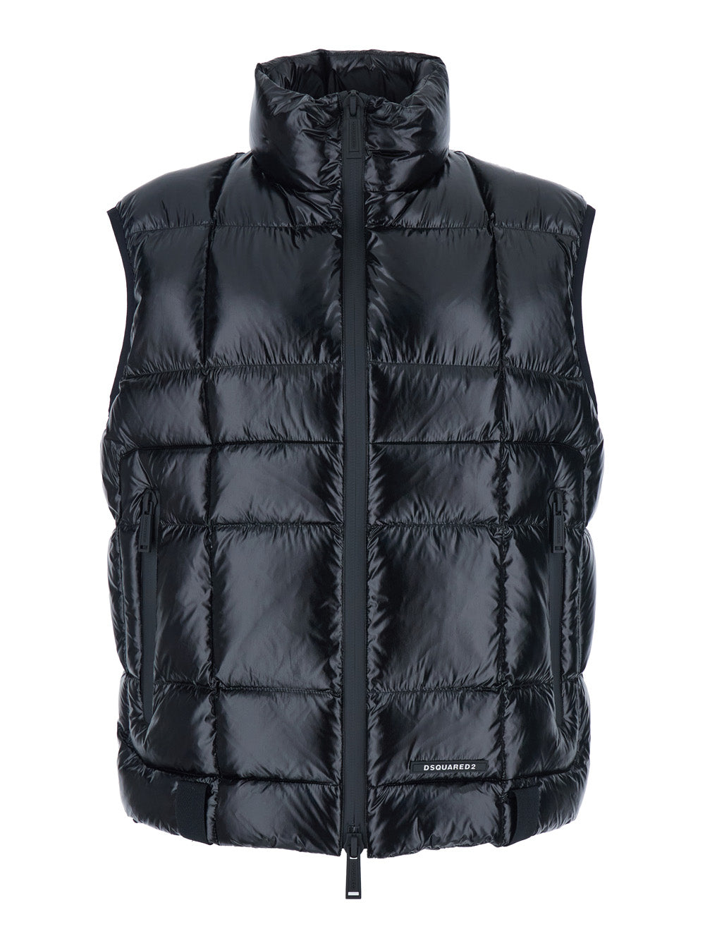 Black Sleeveless Down Jacket with High Neck and Logo Patch on the Front in Tech Fabric Man Polyamide