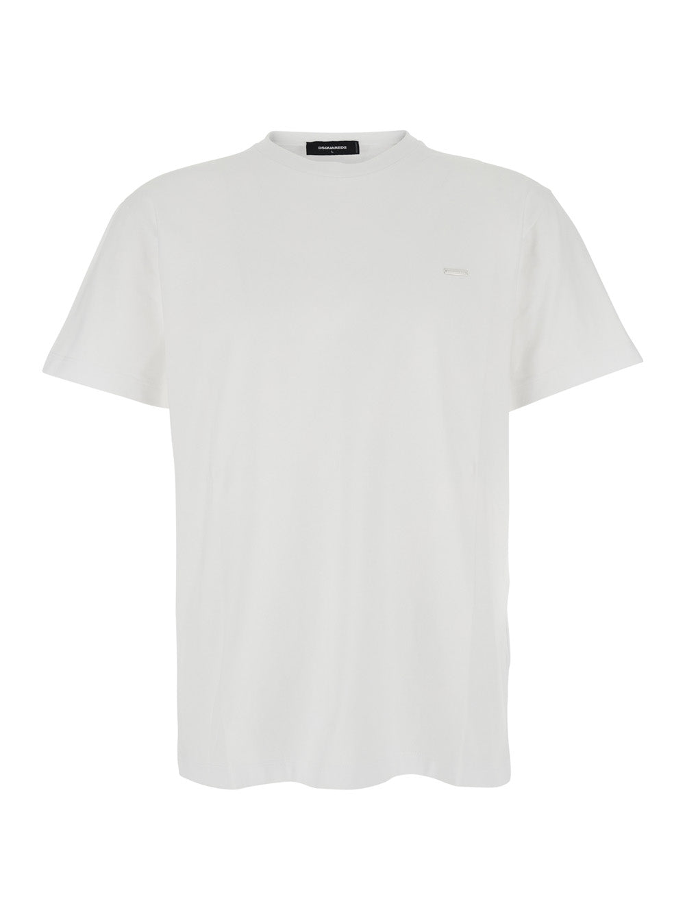 White Crewneck T-Shirt with Patch Logo on the Front in Cotton Man Tshirts And Polo Shirts