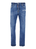 Blue Jeans with Ripped Details and Logo Patch on the Rear in Denim Man Blu Cotton Polyester Elastane