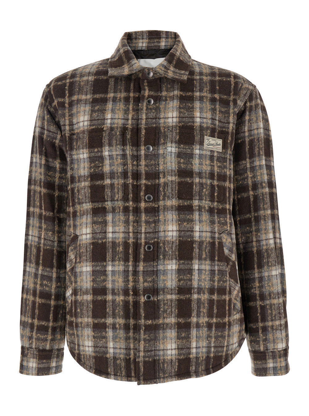 Brown Checkered Shirt with Front Logo Patch in Flannel Man Polyester And Blouses