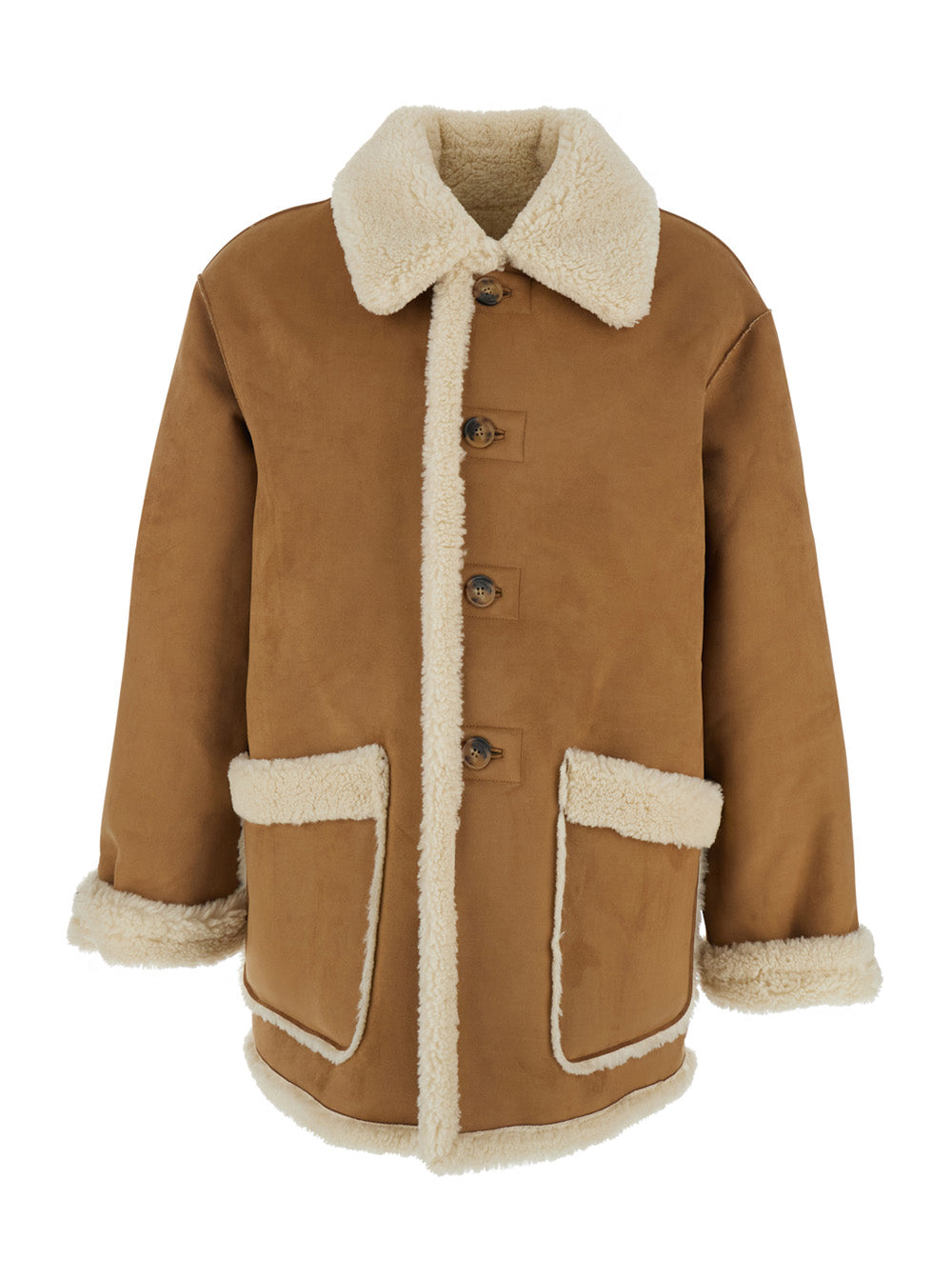 Beige Reversible Shearling Jacket with Classic Collar and Two Front Patch Pockets in Ecofur Man Polyester Furs