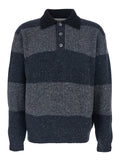 Grey Polo Shirt with Ribbed Design and Striped Motif in Wool Man Polyester Nylon Jersey