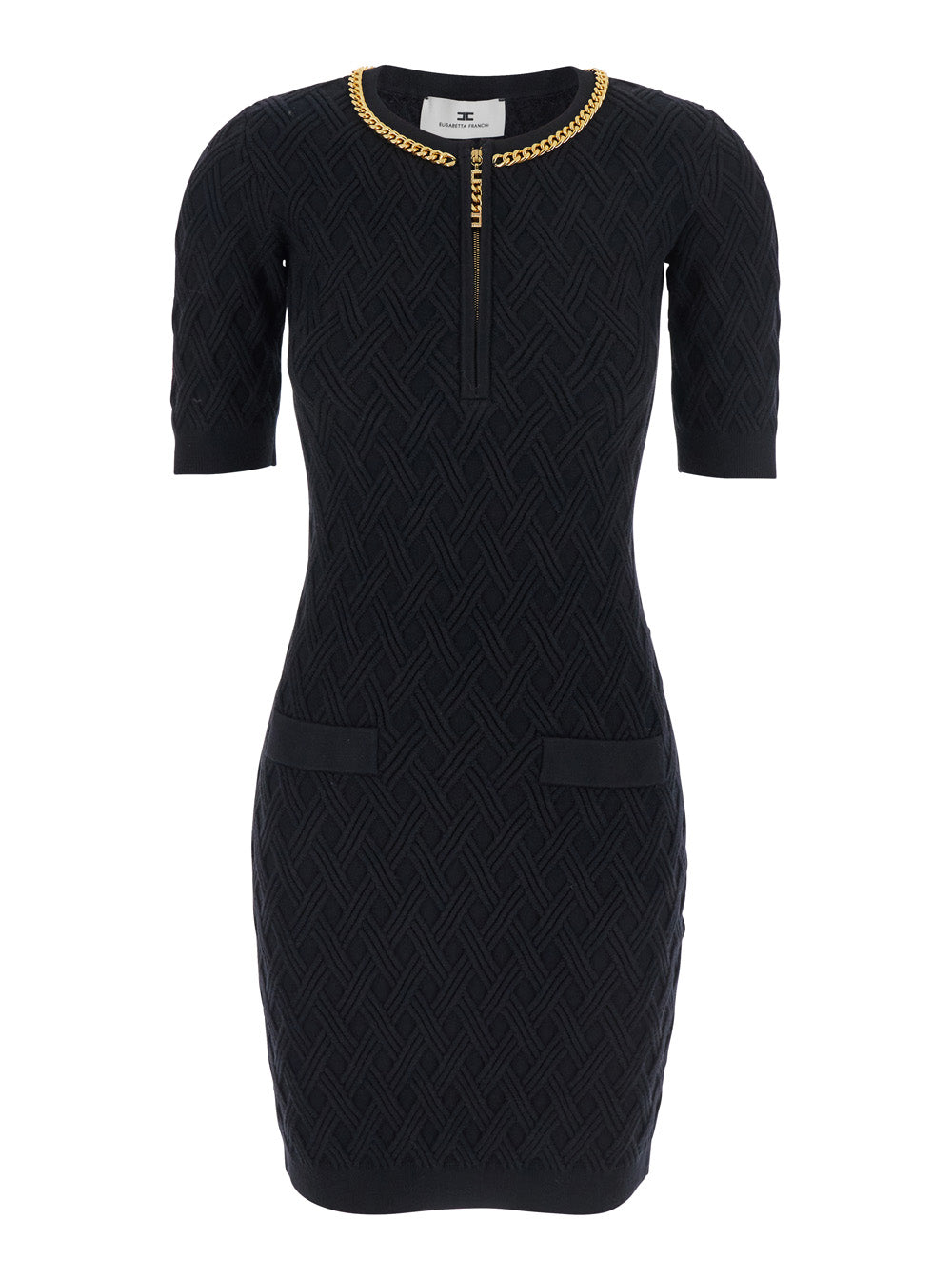 Black Crewneck Dress with Chain Detail on the Collar in Wool Woman Viscose Polyester Polyamide