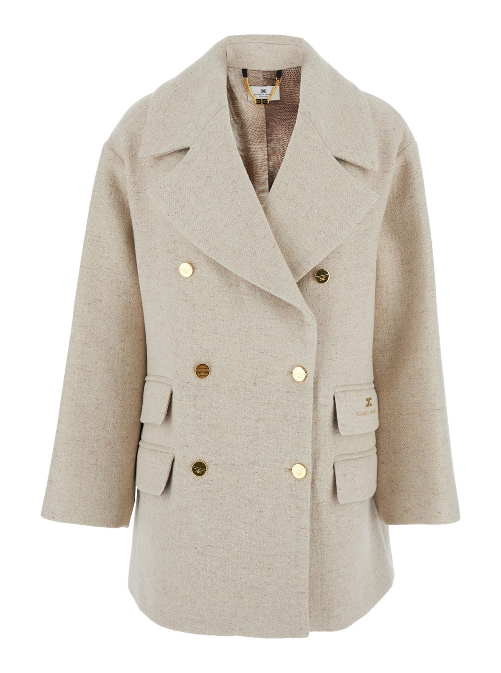 White Coat with Wide Lapels and Logo Printed on the Side in Wool Silk Blend Woman Virgin Polyamide Outerwear