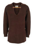 Brown Sweater with Polo Shirt Style Collar and Buckle Detail on the Front in Wool Blend Woman Acrylic Jersey