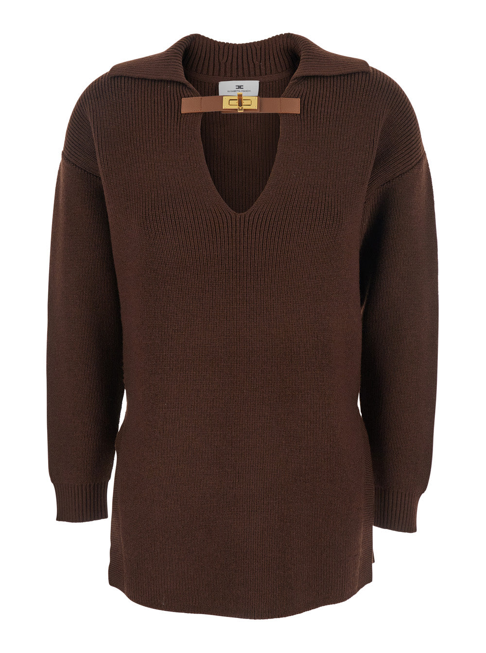 Brown Sweater with Polo Shirt Style Collar and Buckle Detail on the Front in Wool Blend Woman Acrylic Jersey