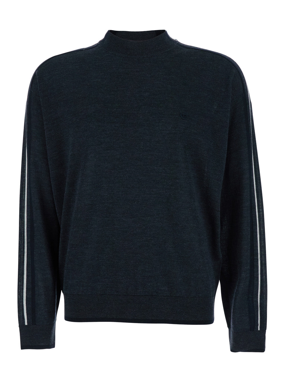 Dark Grey Crewneck Sweater with Stripe Detail on the Sleeve in Wool Man Virgin Jersey