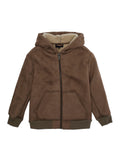 Brown Jacket with Fixed Hood and Logo Embroidery on the Front in Tech Fabric Boy Polyester Outerwear