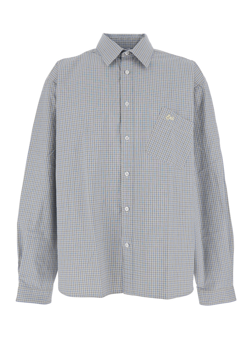 Beige Shirt with Logo Embroidery on the Front and All-Over Check Motif in Cotton Man Light Blue Blouses