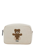 Beige Beauty Case with Logo Lettering and Bear on the Front in Cotton Blend Girl Polyester Elastane Clutches Pochettes