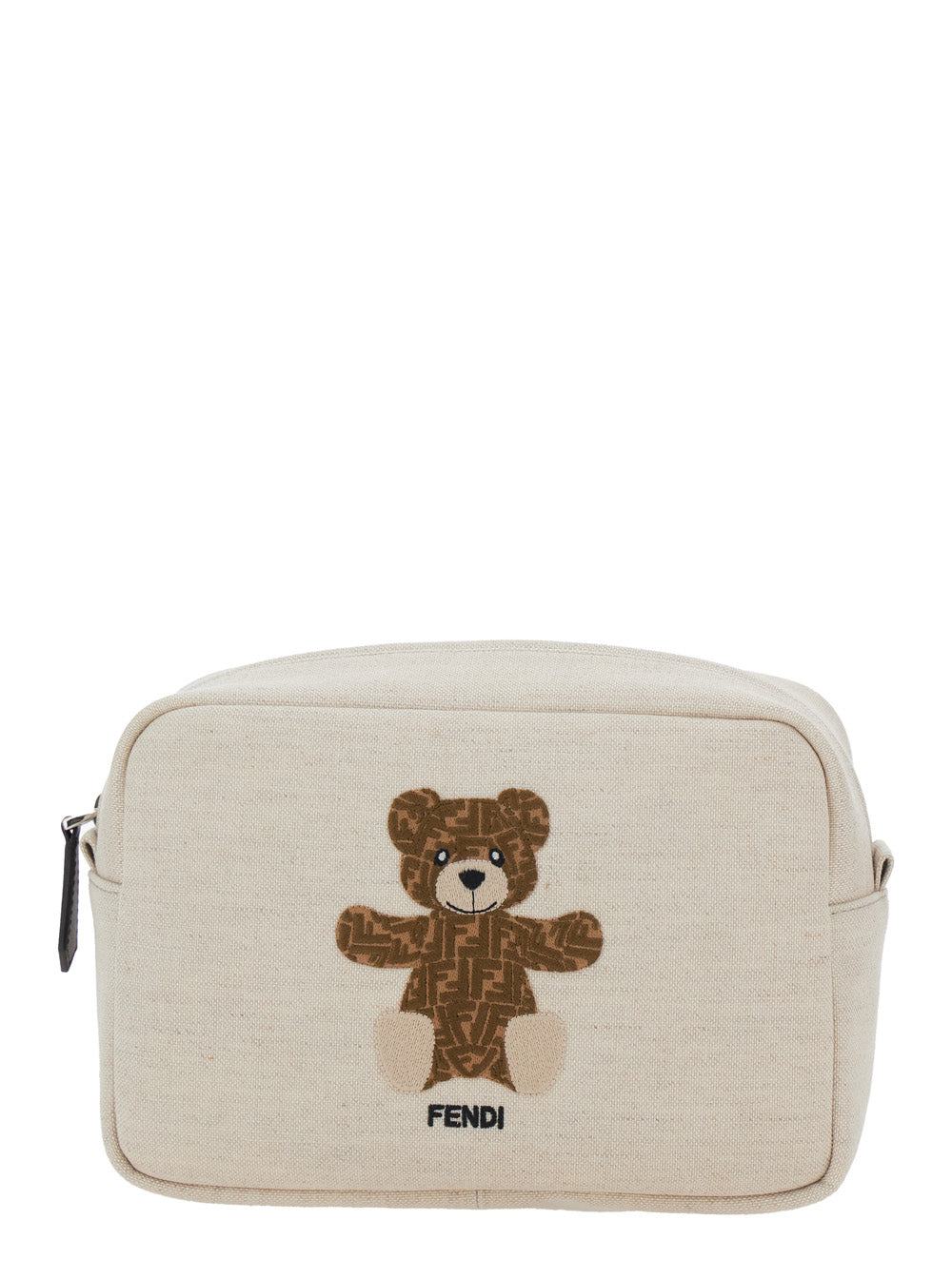 Beige Beauty Case with Logo Lettering and Bear on the Front in Cotton Blend Girl Polyester Elastane Clutches Pochettes